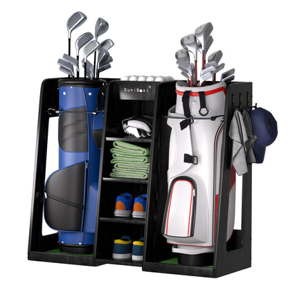 SuniBoxi Wooden Golf Storage Organizer for Garage, Premium Golf Bag Holder Rack for Golfing Accessories, Great Gift for Golfers,Husband, Dad(2 Bags,Dark Black)