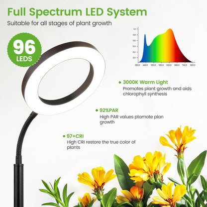 MistyJungle Grow Lights for Indoor Plants,Floor Lamp with 63IN Stand,Full Spectrum,10 Dimming,Halo Ring Warm Light, 3/9/12H Timer,Height Adjustable,Metal Stable Base Growing Light for Tall Small Plant