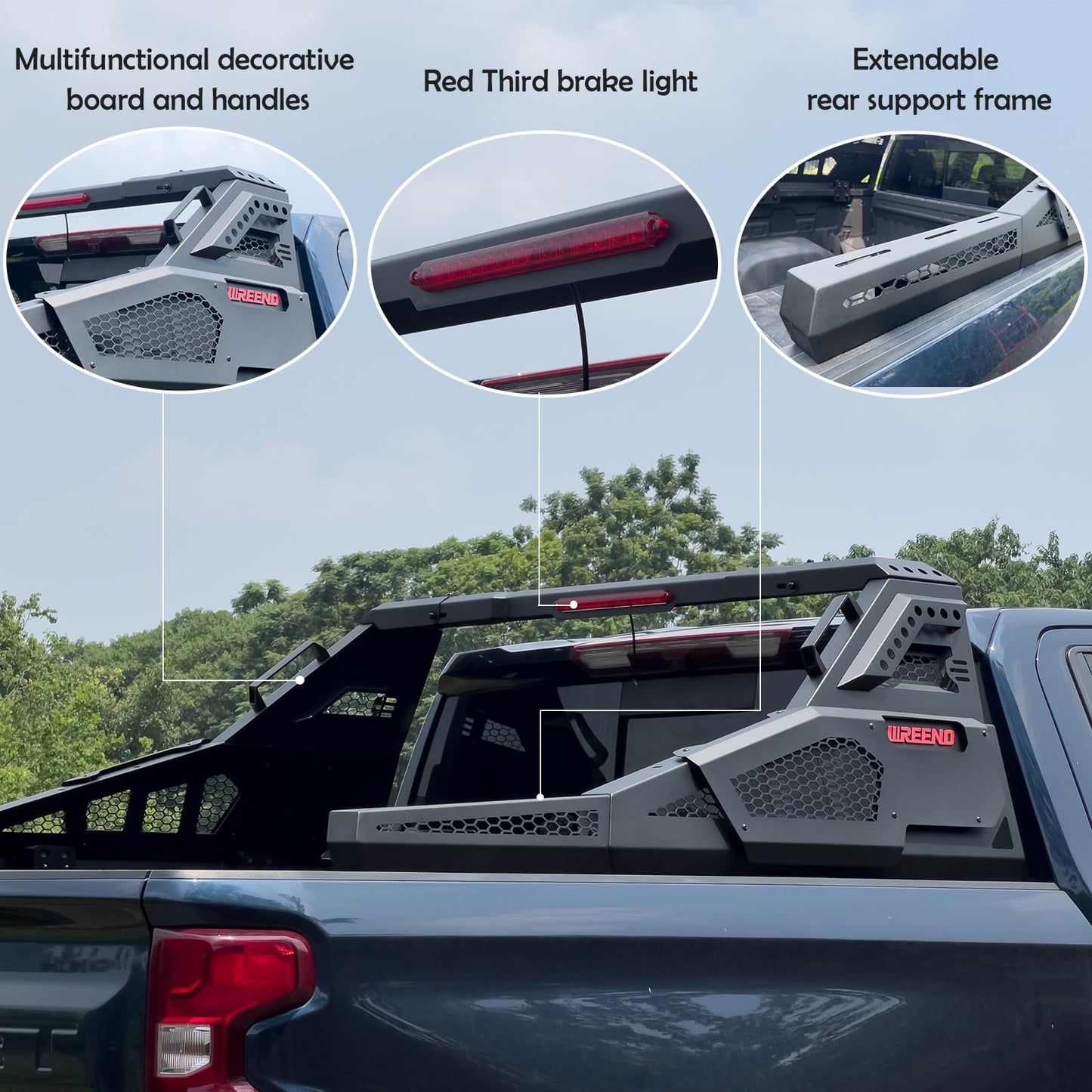 Roll Bar for Truck - Universal Truck Rack & Chase Rack with Third Brake Light Combo, Adjustable Truck Bed Roll Bar for Mid Size Pickup Trucks, No Drilling