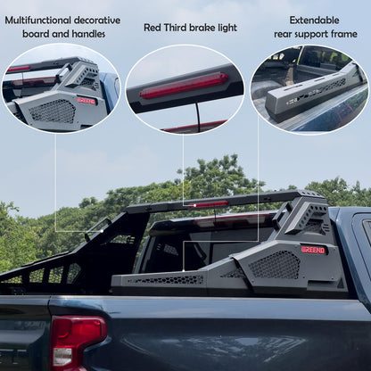 Roll Bar for Truck - Universal Truck Rack & Chase Rack with Third Brake Light Combo, Adjustable Truck Bed Roll Bar for Mid Size Pickup Trucks, No Drilling