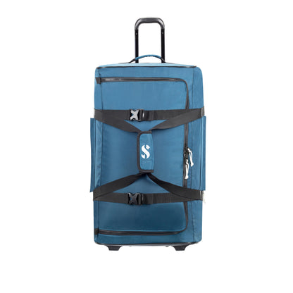 SCUBAPRO Sport 105 Wheeled Dive Bag with Telescopic Double-Bar Tow Handle, Carry Handles and Double Duffel Straps for Scuba Diving Gear, Denim Blue Color Fabric