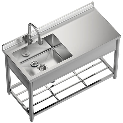 GGW Commercial Sink with Drainboard, Stainless Steel Utility Sink with Pull-out Faucet, Free Standing Single Bowl Kitchen Sink with Workbench for Restaurant, Garage, Outoor, 21.7"D x 47.2"W x 37"H