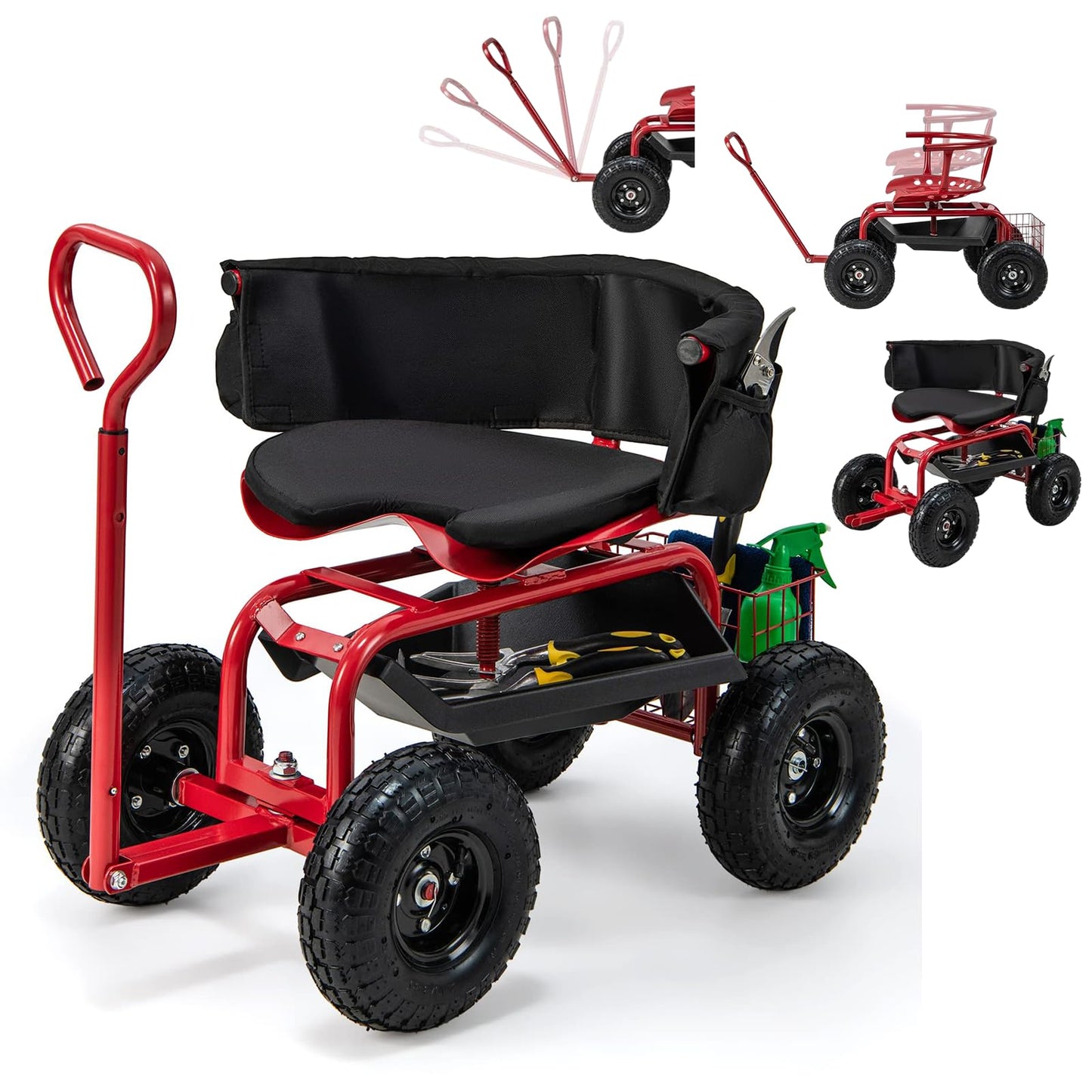 ERGOMASTER Rolling Garden Seat with Wheels, Adjustable 360° Swivel Workseat and Storage Basket, Extendable Handle, Outdoor Gardening Wagon Scooter, Red