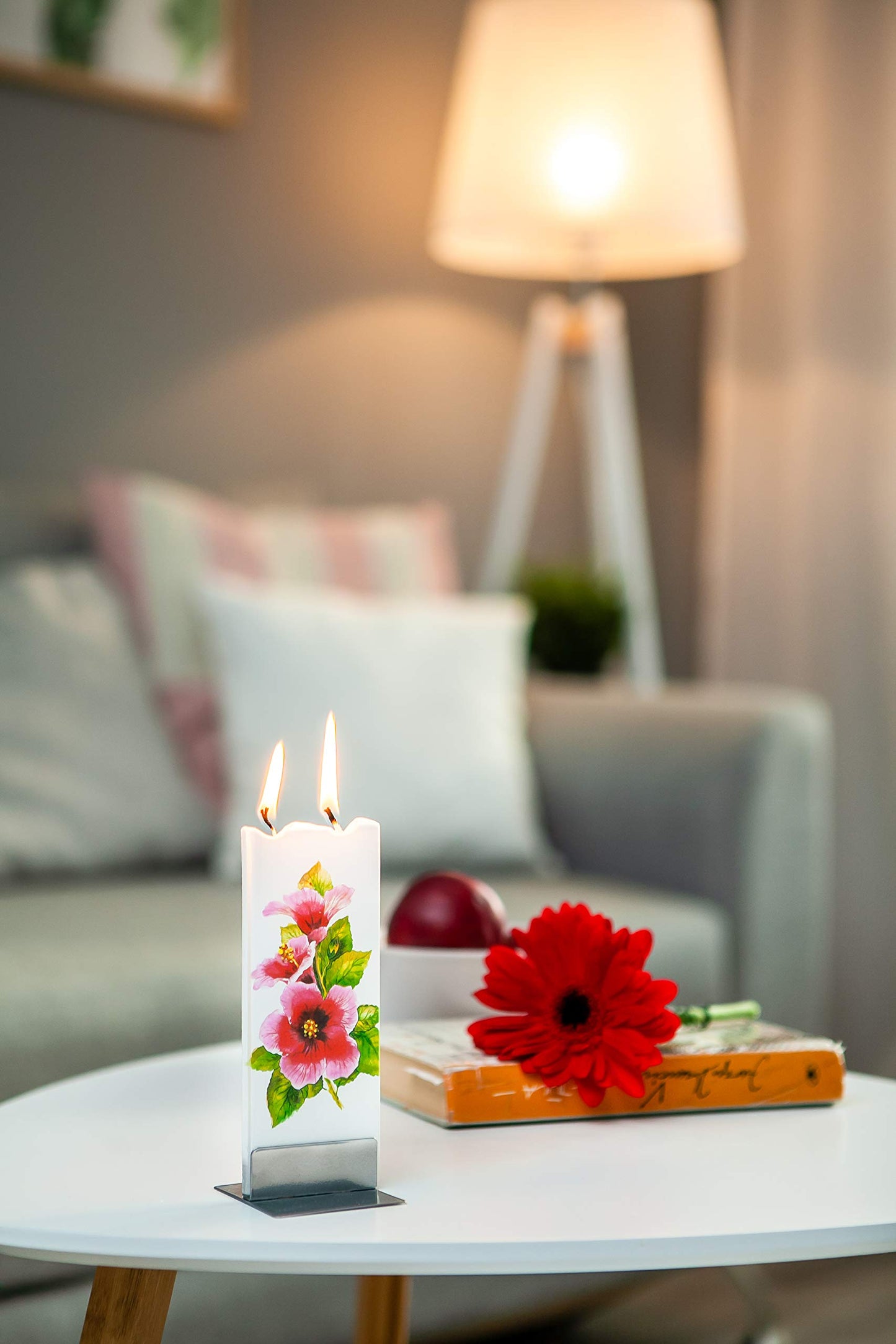 Flatyz Hand Painted Flat Candle| Unscented, Dripless, Smokeless, Decorative | Peacock | Double Wick with Metal Base | Unique Gift Idea and Home Décor Accent