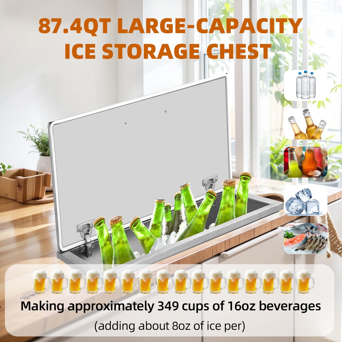 GarveeLife Drop in Ice Chest, 28" L x 14" W x 17" H Stainless Steel Ice Cooler, Commercial Ice Bin with Hinged Cover, Outdoor Kitchen Ice Bar, Drain-Pipe and Drain Plug Included, for Cold Wine Beer