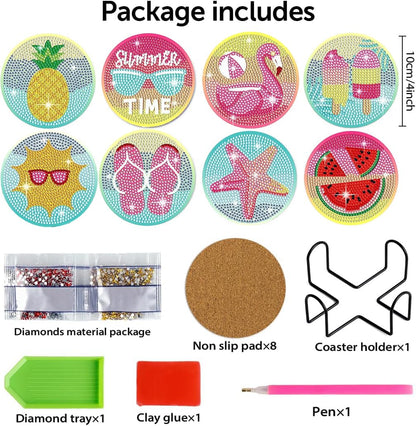 Leatrice 8PCS Beach Diamond Art Coasters Small Diamond Painting Kits for Adults Diamond Dots Round Full Drill Diamond Coasters with Holder Easy Art Crafts for Beginners Women