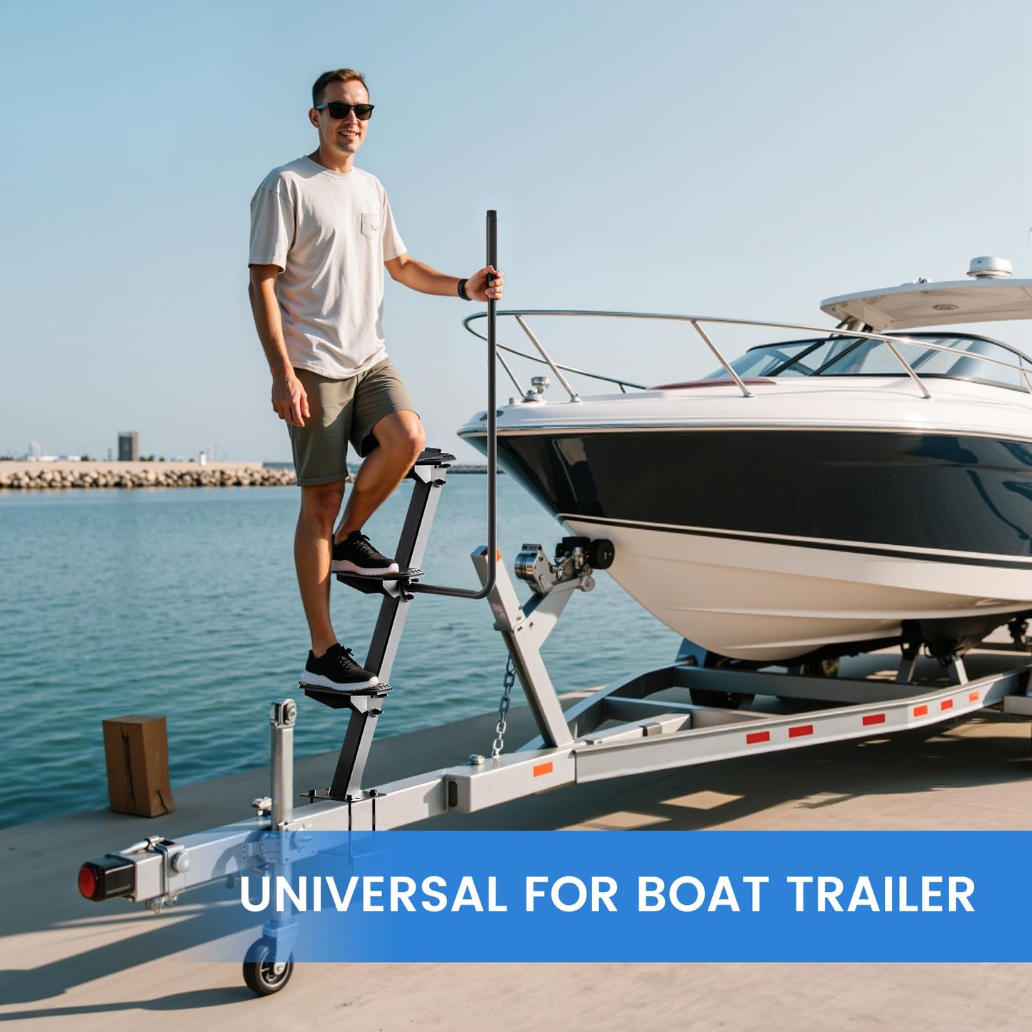Heavy-Duty Boat Trailer Steps,Boat Trailer Tongue Steps with Anti-Slip Handrail,EVA Anti-Slip Mat,450Lbs Capacity，Multiple Installation Angles,4 Steps