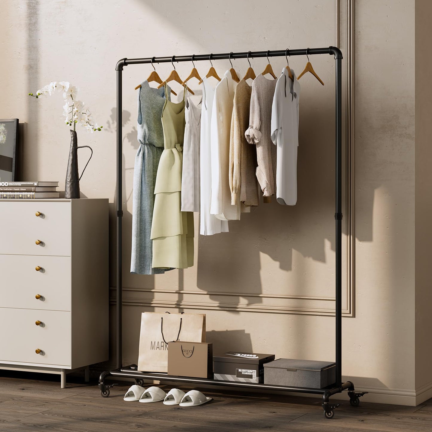 BUZUEY Industrial Pipe Clothing Rack with Wheels,Rolling Garment Rack with Bottom Shelf, Sturdy Metal Clothes Rack for Hanging Clothes Heavy Duty,Black Mobile Wardrobe Rack for Bedroom & Boutique