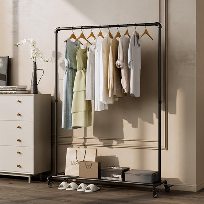 BUZUEY Industrial Pipe Clothing Rack with Wheels,Rolling Garment Rack with Bottom Shelf, Sturdy Metal Clothes Rack for Hanging Clothes Heavy Duty,Black Mobile Wardrobe Rack for Bedroom & Boutique
