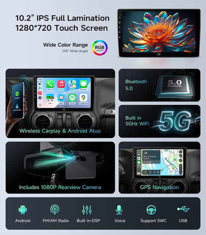 Car Radio Stereo Upgrade for Jeep Wrangler JK Compass Grand Cherokee Dodge Ram with Wireless CarPlay/Android Auto/10.2'' TouchScreen/Android13/GPS Navigation/Backup Camera (New-HC-Jeep 2+32G)