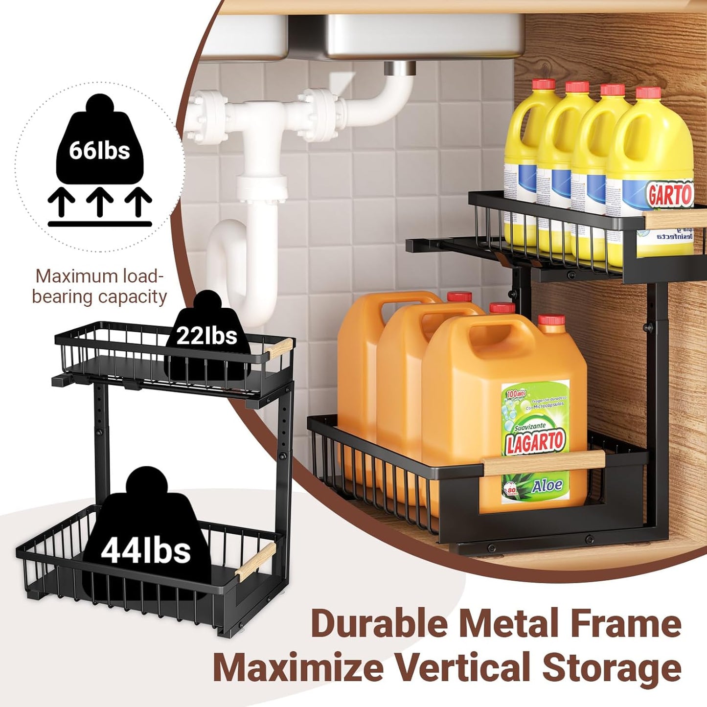 Under Sink Organizer - L-Shape 2-Tier Pull-Out Cabinet Storage Rack | Adjustable Height, Black, 2 Pack
