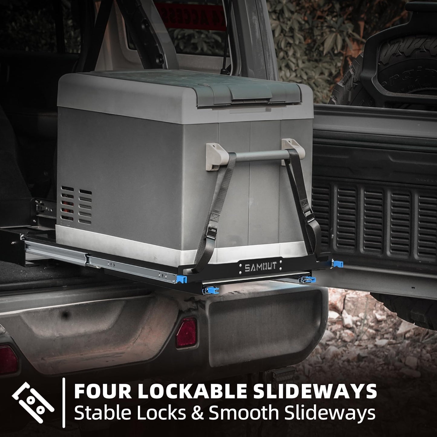 SAMOUT Fridge Slide with Chopping Board, Inner 29.2 x 18.7in, Vehicle Refrigerator Slider with 4 Buckle Straps, Max 287 LBS, 3rd Gen