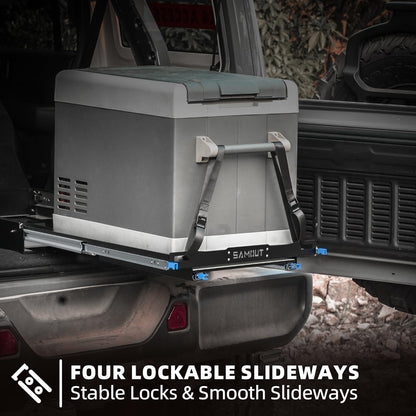 SAMOUT Fridge Slide with Chopping Board, Inner 29.2 x 18.7in, Vehicle Refrigerator Slider with 4 Buckle Straps, Max 287 LBS, 3rd Gen