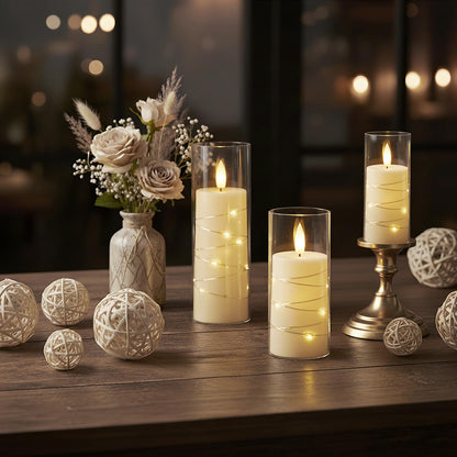 Raycare Flameless Candle with Remote Timer – 9 Flickering Acrylic Battery Operated LED Pillar Candles with Embedded Star String for Christmas, Wedding, Home Decor, and as a Gift (Ivory White)