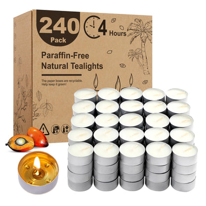Unscented Tea Lights Candles 240 Pack, 4 Hours Long Burning,White Tea Candles Bulk, Bright Burn with Palm Wax,Smokeless Tealight Candles for Wedding,Centerpiece,Christmas Lights,Home Decorative