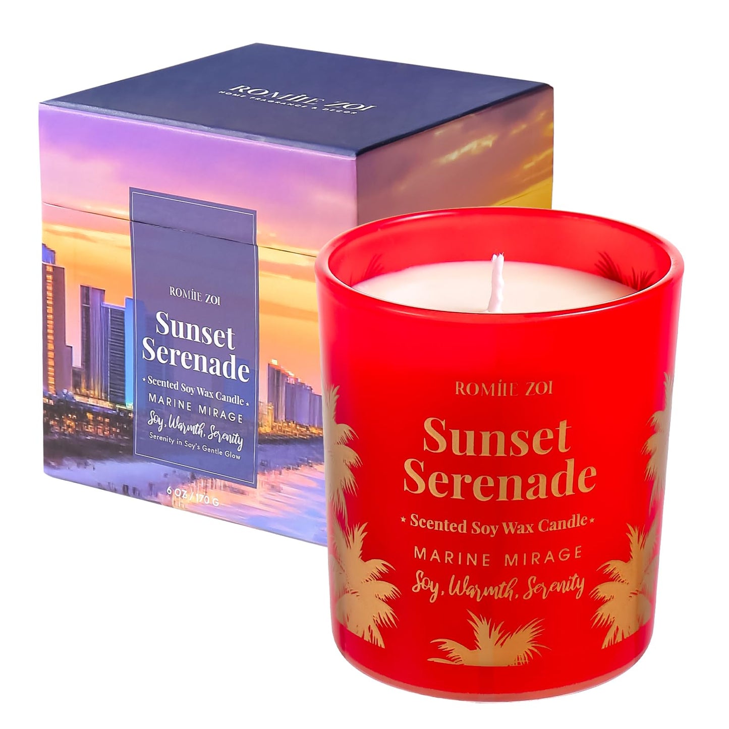 ROMIIE ZOI Marine Mirage Scented Candle - Sunset Serenade - 6oz Soy Wax Candle for Home Scented, Stress Relief Candle Gifts for Women/Men