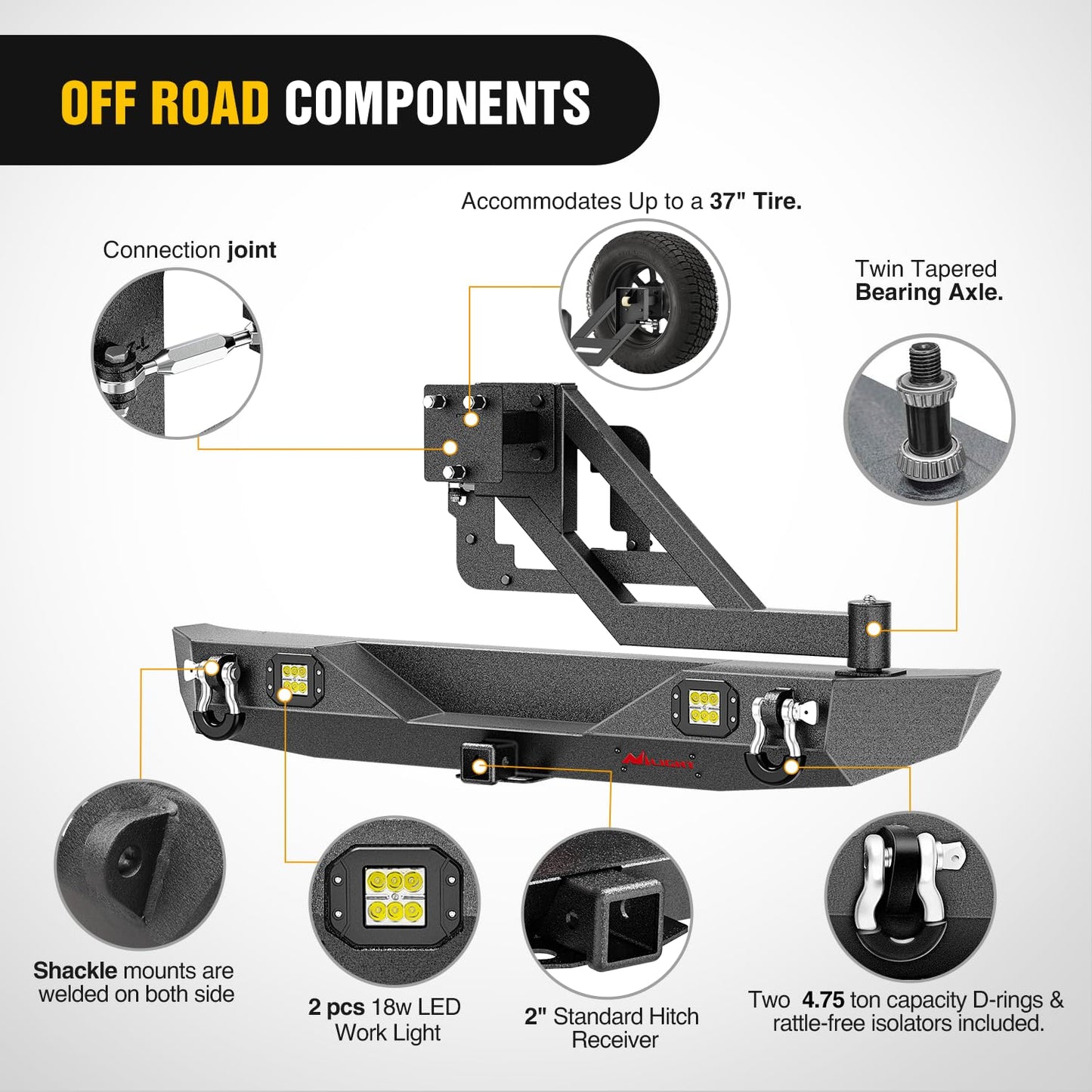 Nilight Rear Bumper with Spare Tire Carrier Compatible for 2007-2018 Wrangler JK & Unlimited (2/4 Doors) Hitch Receiver w 2 LED Lights D-rings