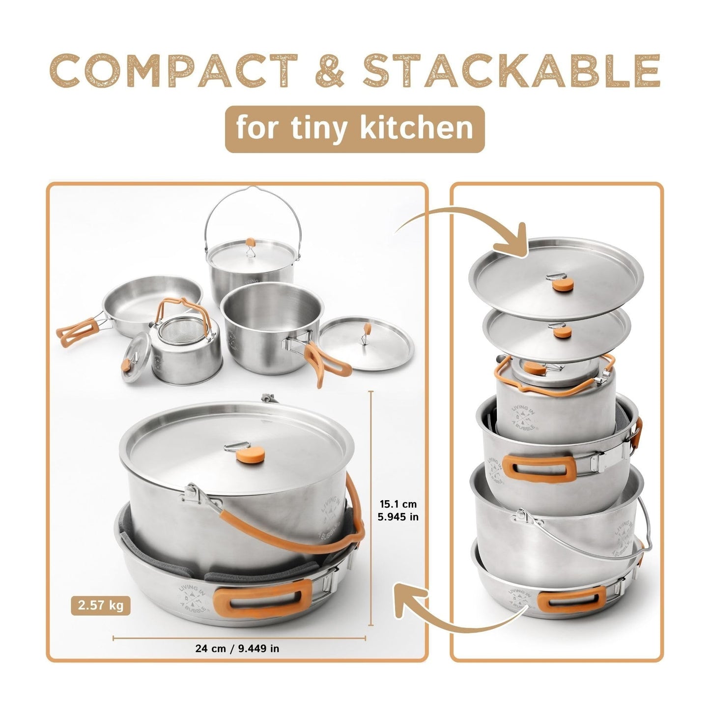 Living in a Bubble Premium 7-Piece Stainless Steel Cooking Set. Tri-layer Bonded Stainless-Steel - Ergonomic Handles with Silicone Sleeve - Compact & Stackable