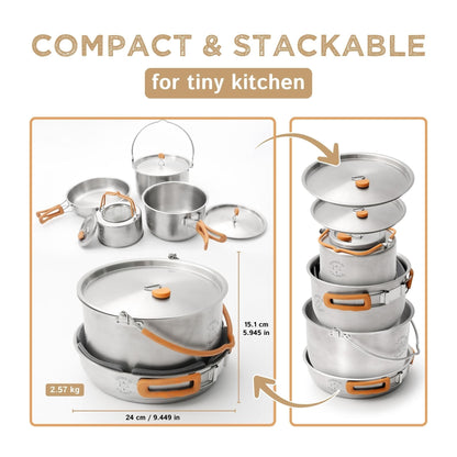 Living in a Bubble Premium 7-Piece Stainless Steel Cooking Set. Tri-layer Bonded Stainless-Steel - Ergonomic Handles with Silicone Sleeve - Compact & Stackable