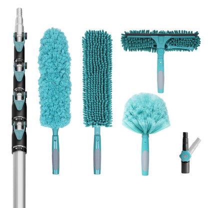 TelesPro 36 Foot High Reach Duster Kit with 7-30FT Extension Pole High Ceiling Dusting and Window Cleaning Kit with Telescopic Pole Window Washer&Squeegee,Cobweb Duster,Fan Duster and Feather Duster