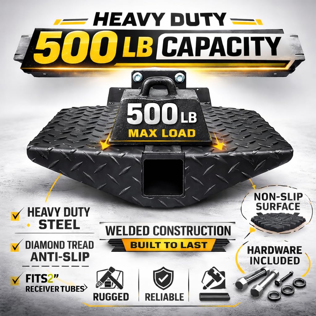 500 lb Rated Heavy Duty Boat Trailer Step – USA Made Welded Steel Boarding Platform – Fits 2" x 4" Trailer Frames – Anti-Slip Diamond Tread – Hardware Included