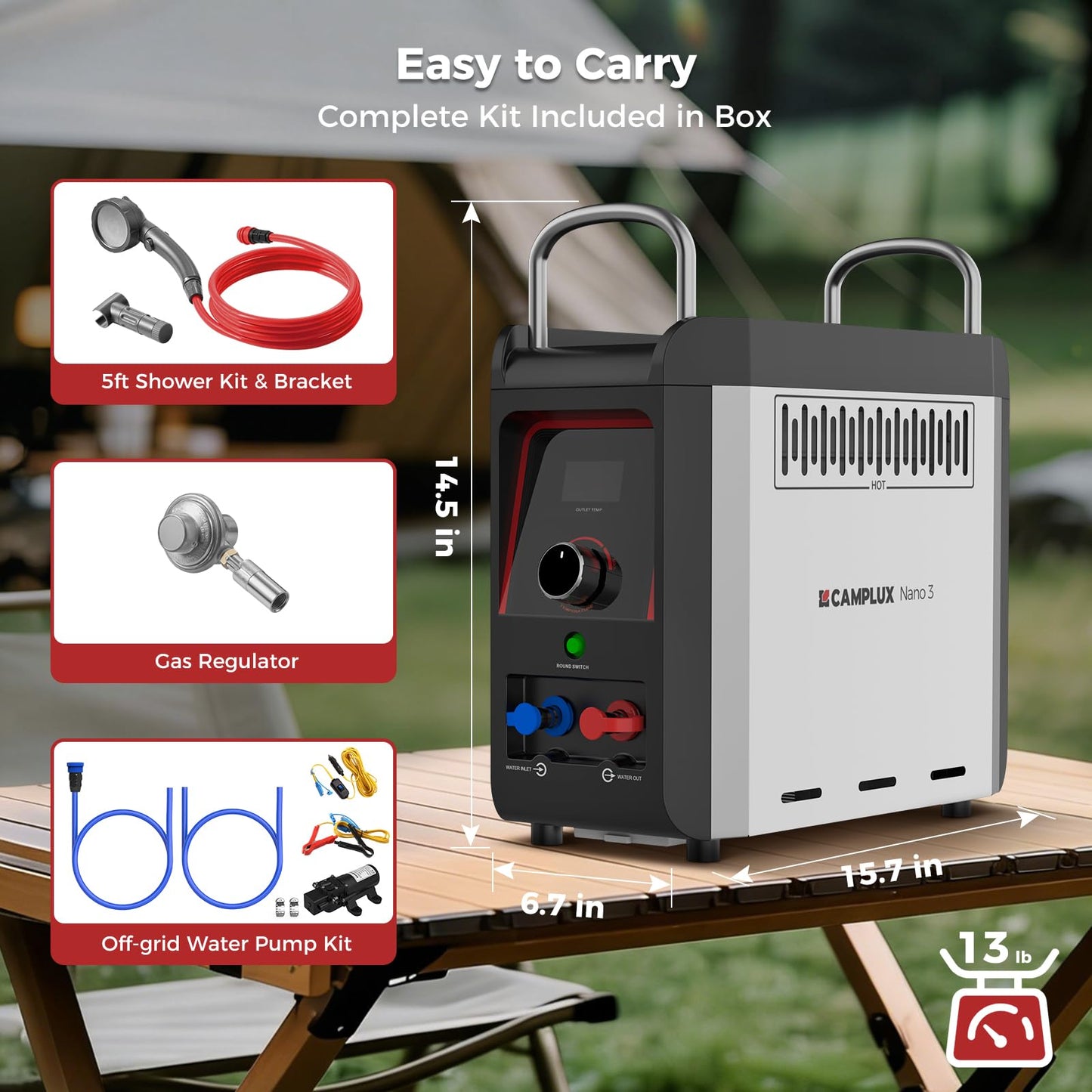 CAMPLUX Nano 3 Portable Propane Water Heater with Pump Kit, Compact & Lightweight Design, Quick Connect Pump Cables & Extension Hoses, Outdoor Camping Shower for Off-Grid Cabin, Hiking, RV