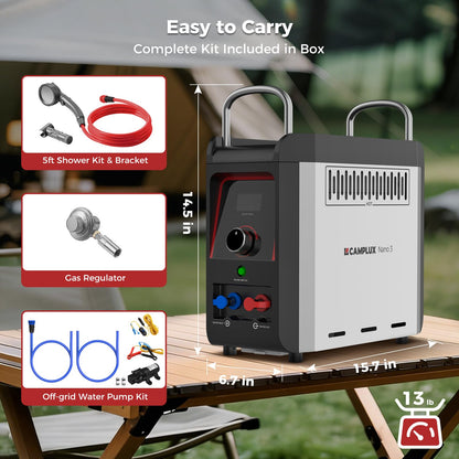 CAMPLUX Nano 3 Portable Propane Water Heater with Pump Kit, Compact & Lightweight Design, Quick Connect Pump Cables & Extension Hoses, Outdoor Camping Shower for Off-Grid Cabin, Hiking, RV