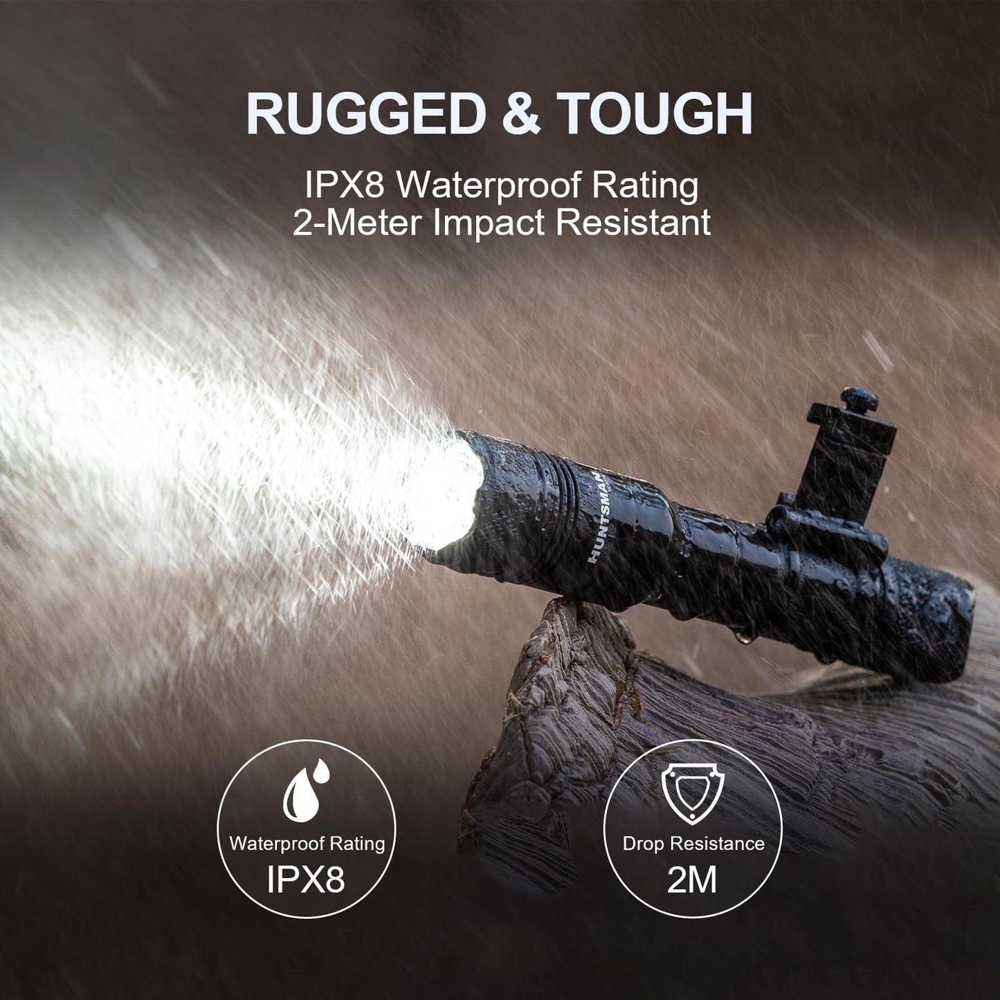 PowerTac Huntsman 1250 Lumens, 510 Meters Long Range MLOK Rail Mounted Tactical Weaponlight Rechargeable Flashlight with Remote Pressure Switch, IPX8 Waterproof