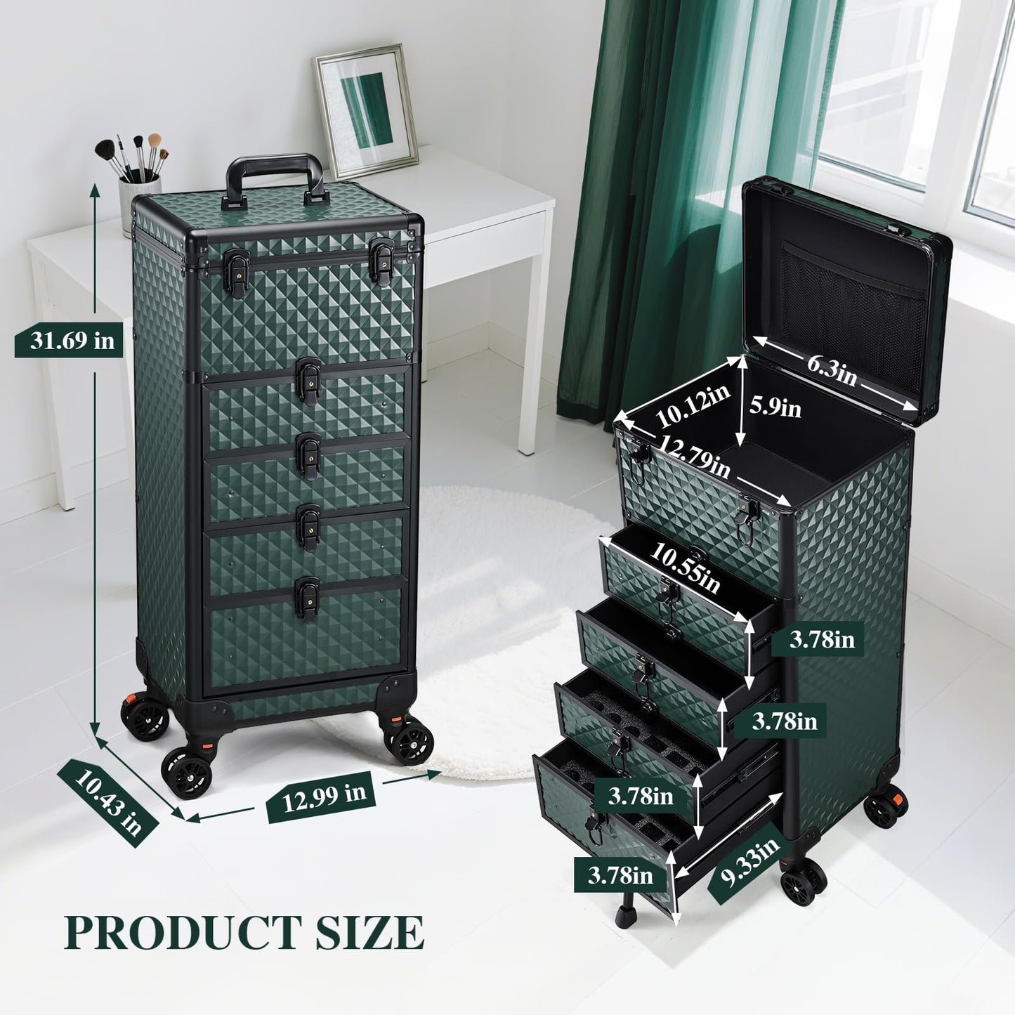 Yueieoun Nail Salon Cart with 4 Drawers,Rolling Makeup Train Case for Beauty,Cosmetology Case on Wheels Trolley Cart,Lockable Organizer Travel Case for Manicure/Face Painting/Hairstylist,DARK GREEN