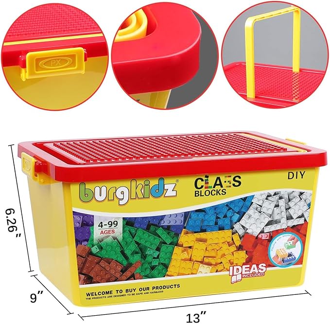 Building Bricks 1020 Pieces Set 1000 Basic Building Blocks in 17 Fun Shapes Includes Wheels Door Window Bulk Block with Storage Box Handle and Base Plate Compatible Block Construction Toys