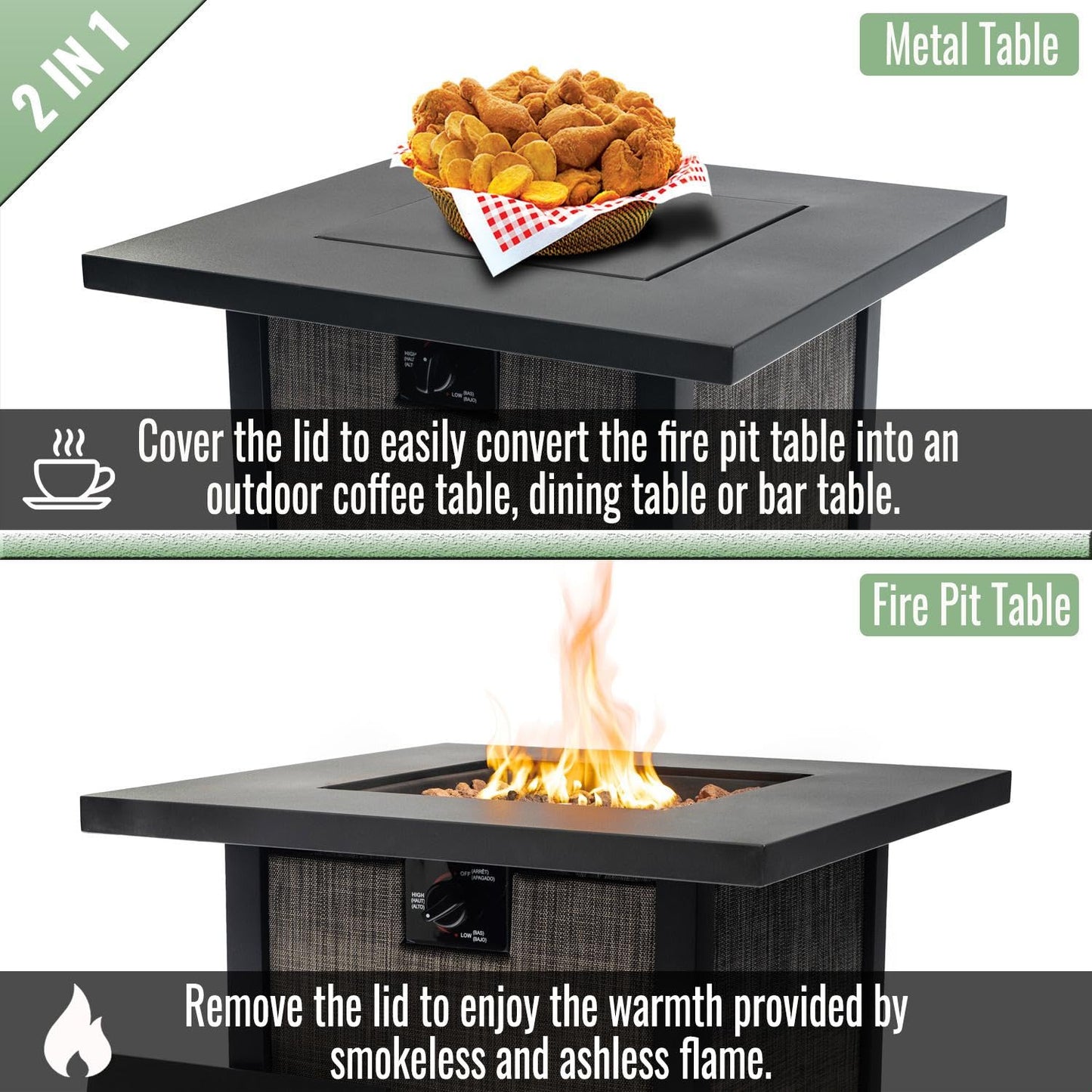 28" Propane Gas Fire Pit Table, 50000 BTU Square Outdoor Fire Pit with Steel Tabletop & Textilene Base, Patio Fire Table with Lava Rocks & Rain Cover for Backyard Deck Garden, Black