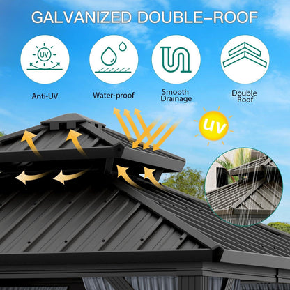10x10 ft Double Roof Hardtop Gazebo, Heavy Duty Galvanized Steel Pavilion with Netting and Curtains, Metal Roof Patio Gazebo for Terrace, Lawn, and Deck, Gray