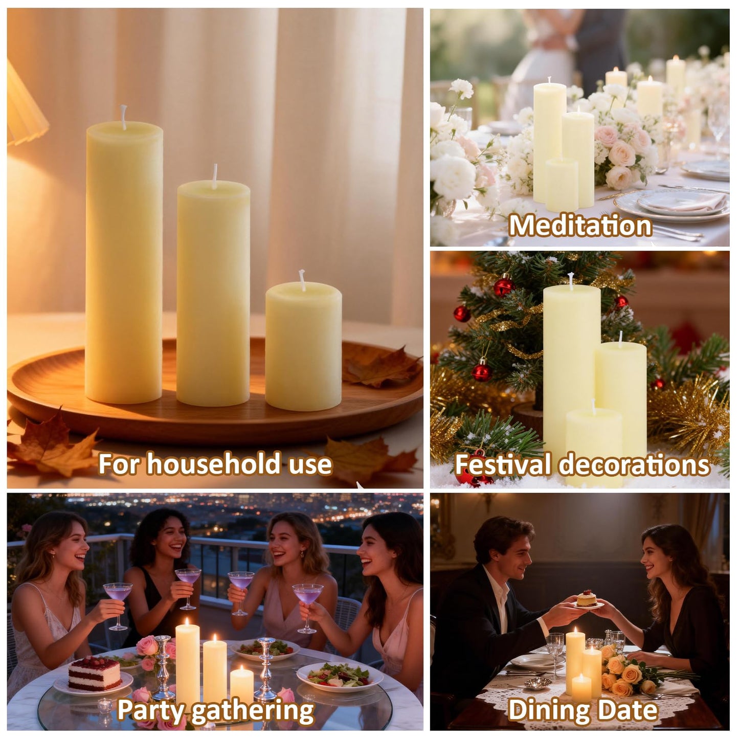 CHICERA 24-Pack Ivory Unscented Pillar Candle Set - 2x3, 2x6, 2x8-inch Long-Burning Drip-Free Tapers, 8 Per Size. Ideal for Home Decor, Weddings, Emergencies, and Holidays.