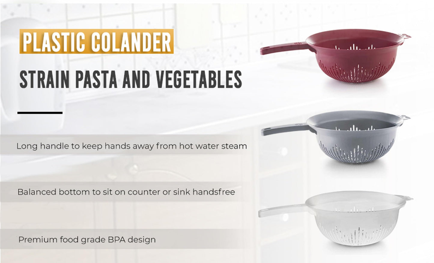 YBM Home 9.75 Inch Plastic Strainer Colander with Long Handle – Made of Food Safe BPA-Free Plastic - Use for Pasta, Noodles, Spaghetti, Vegetables and More 31-1130-white (1, White)