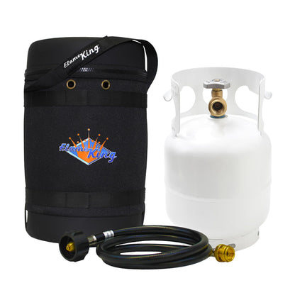 Flame King Gas Hauler Kit - Insulated Protective Carry Case, 5LB Propane Tank and Adapter Hose for Camping and Outdoor Adventures, Black/White
