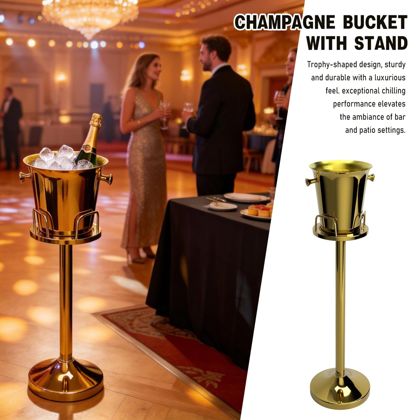 Ice Bucket with Stand, Vertical Stainless Steel Champagne Bucket, Ice Container,Standing Wine Cooler,Wedding Beer KTV Barbecue Club Bar 5L(Gold, 1Pack)