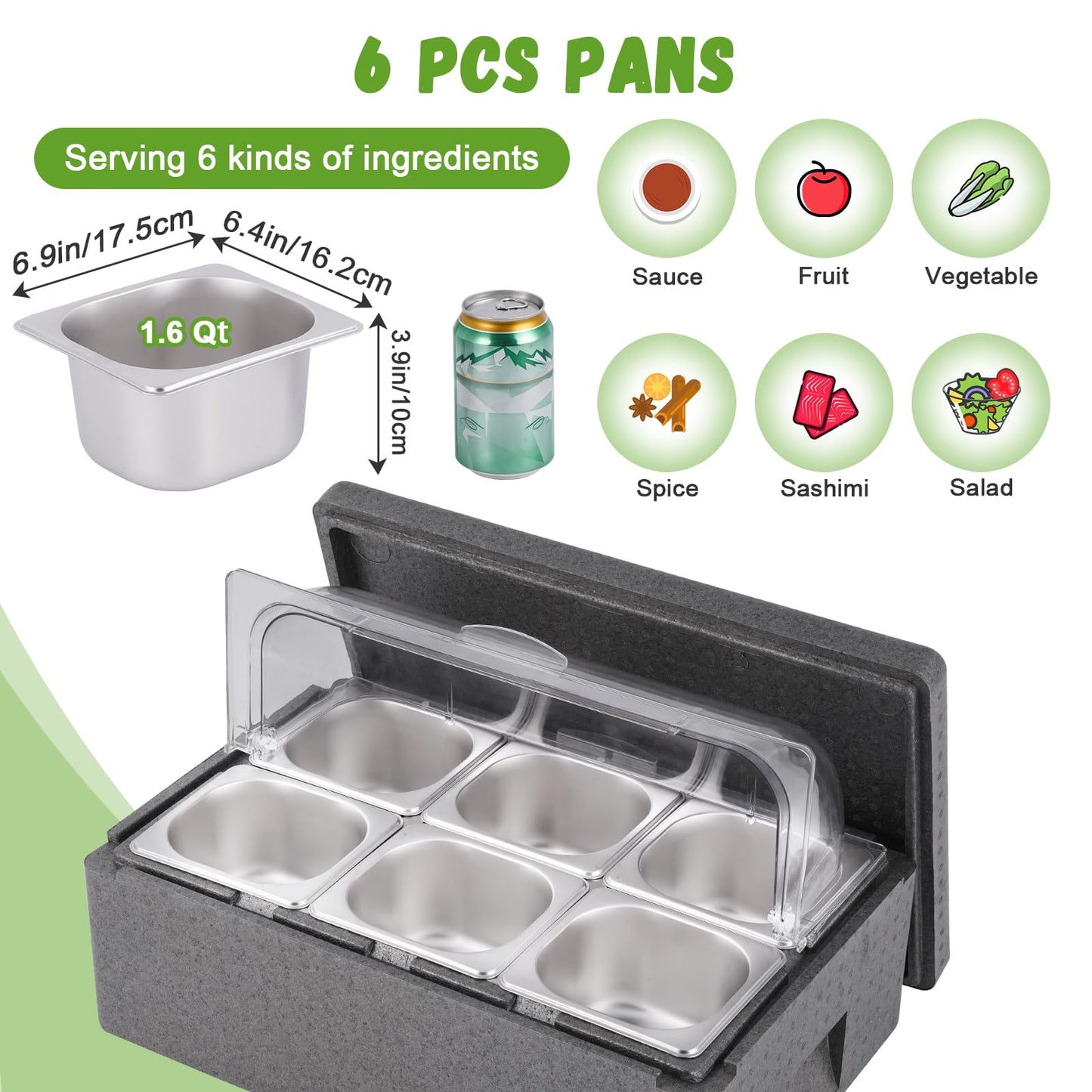 Tragaomx Insulated Cold Food Buffet Ice Serving Tray with Lid Insulation Box 6 Pans 2 Ice Packs Cooled Condiment Serving Container Ice Platter Food Cooler For Parties Buffets Fruit