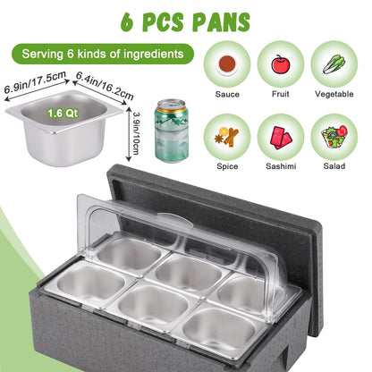 Tragaomx Insulated Cold Food Buffet Ice Serving Tray with Lid Insulation Box 6 Pans 2 Ice Packs Cooled Condiment Serving Container Ice Platter Food Cooler For Parties Buffets Fruit