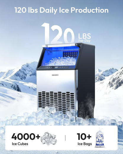 EUHOMY Commercial Ice Maker Machine,120lbs/24H Stainless Steel Under Counter Ice Machine with 33lbs Storage Bin, Freestanding Ice Maker for Home/Bar/Cafe/Restaurant(Mirror-Polished Stainless Steel)