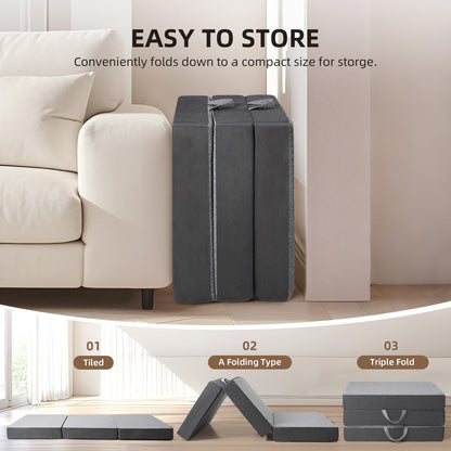 Comtrihion Portable Tri-Fold Memory Foam Mattress – 4-Inch Single Size Foldable Mattress with Washable Cover, Handle & Non-Slip Base for Travel, Camping, RV, Guest Rooms & Yoga
