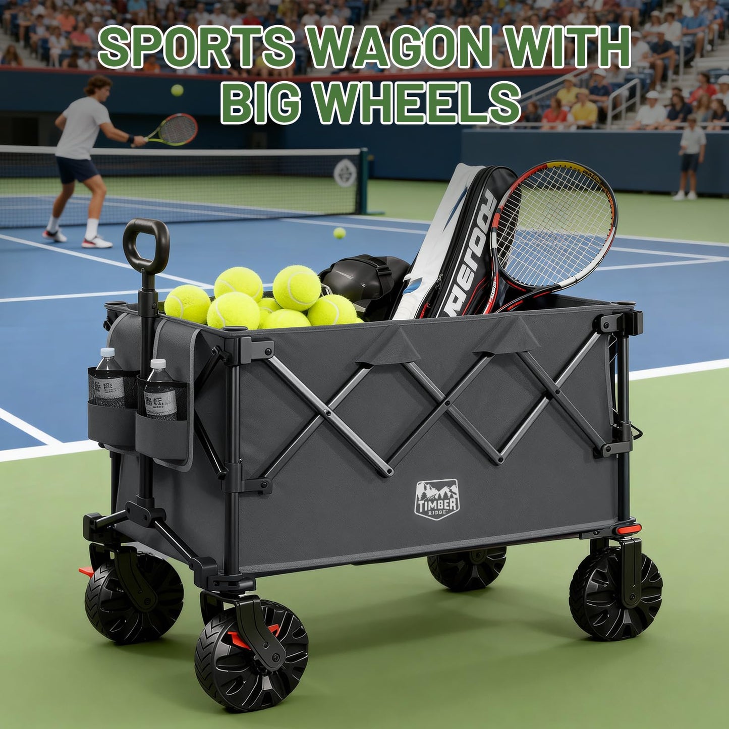 Timber Ridge Outdoor Collapsible Folding Wagon with Brakes and Cup Holders, 500lbs Heavy Duty All Terrain Wheels Utility Cart for Shopping Camping Garden Sports, Grey