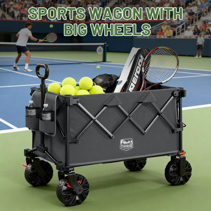 Timber Ridge Outdoor Collapsible Folding Wagon with Brakes and Cup Holders, 500lbs Heavy Duty All Terrain Wheels Utility Cart for Shopping Camping Garden Sports, Grey