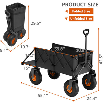 Beach Wagon with Big Wheels for Sand - Heavy Duty 10" Wheel Collapsible Wagons Foldable Large Wagon Cart Folding All Terrain for Camping