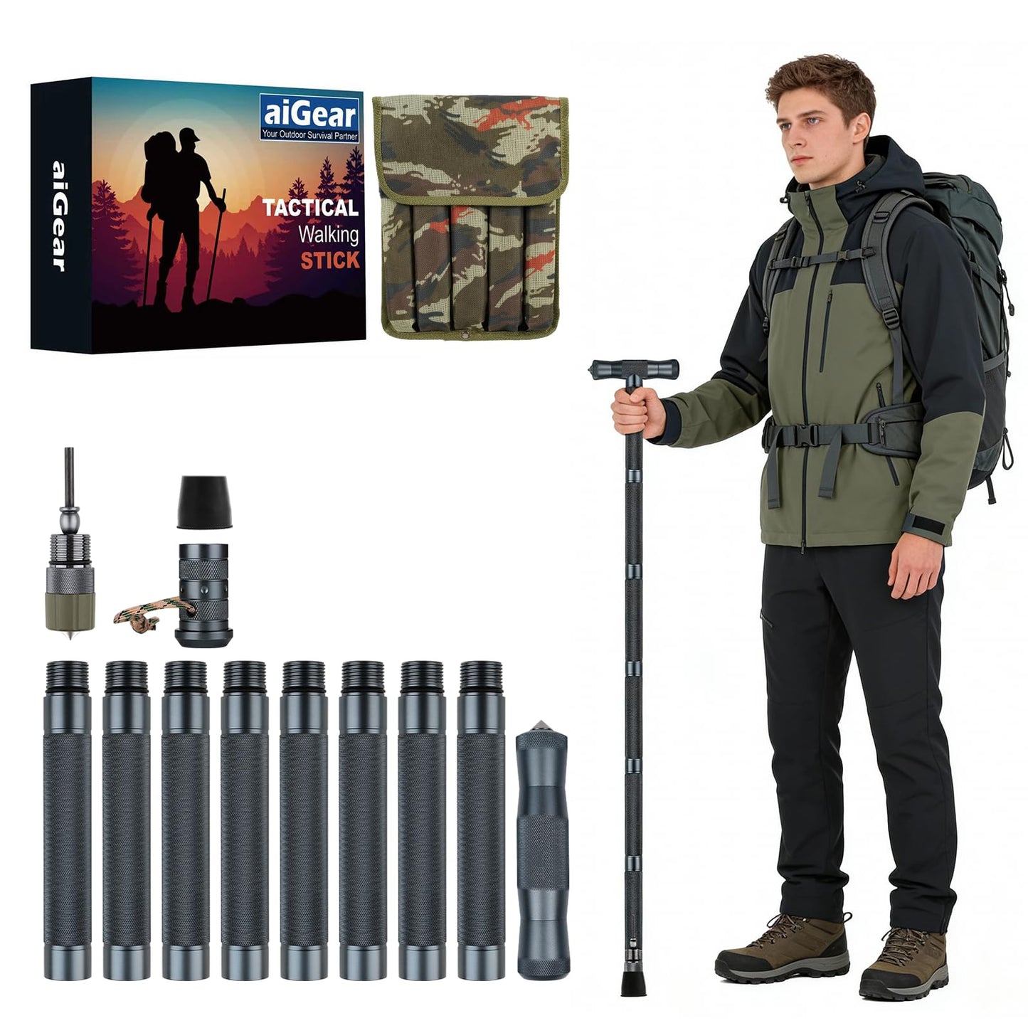 aiGear H3 Survival Walking Stick – Upgraded Hiking Staff with Straight & T-Style Grips, Multitool with Fire Starter, Compass, Whistle – Adjustable Trekking Pole for Camping & Self Defense