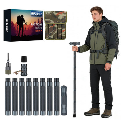 aiGear H3 Survival Walking Stick – Upgraded Hiking Staff with Straight & T-Style Grips, Multitool with Fire Starter, Compass, Whistle – Adjustable Trekking Pole for Camping & Self Defense