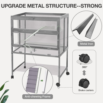 MEDEHOO Guinea Pig Cage, Moveable Metal Frame Hamster Cage Anti-Chewing with Aluminium Alloy Edge, Hideouts, Ramps, Seesaws Chewing Toy, Deeper Pull-Out Leakproof Tray for Indoor Outdoor(Grey)