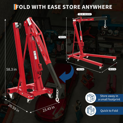 2 Ton Folding Hydraulic Engine Hoist with 59 in Load Leveler 4400 LBS Capacity Heavy Duty Cherry Picker 6 Swivel Wheels,Engine Support Bar 1100 LBS Capacity for Garage Workshop Warehouse Red