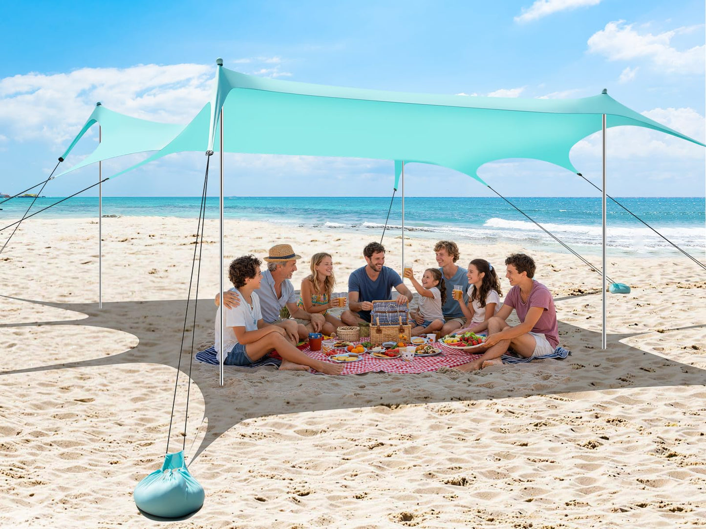 Beach Tent Sun Shelter 14 x 11FT, UPF50+ Protection Beach Shade Canopy with 8 Sandbags, Sand Shovel, Ground Pegs & Stability Poles, Beach Canopy for Camping, Fishing, Picnics, Trips