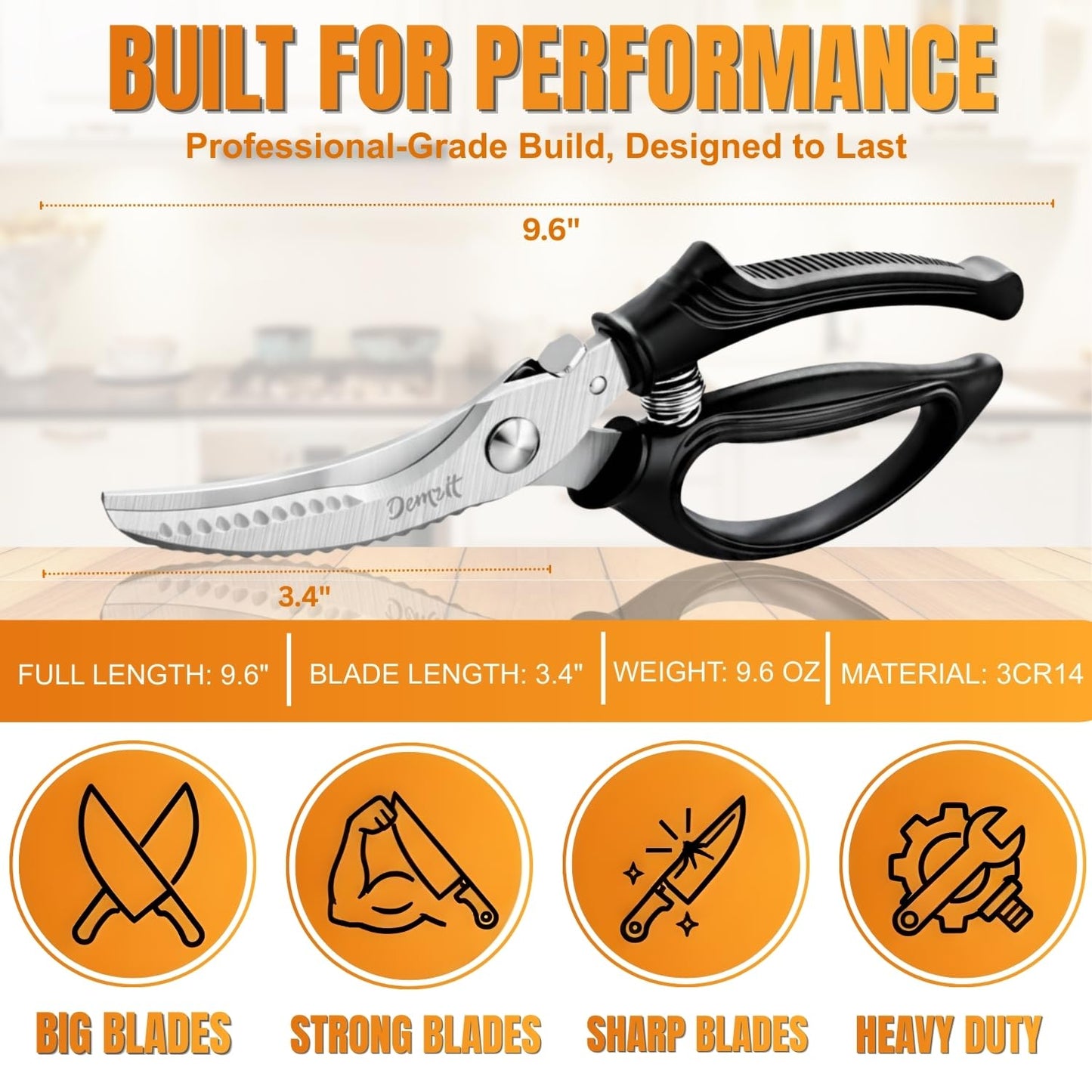 Poultry Shears, Kitchen Shears Heavy Duty for Food With Anti-Slip Handle & Safety Lock, Meat Scissors, Chicken, Lobster, Quail, Fish, Food Cutting Scissors, Bone Cutter - Spring Loaded
