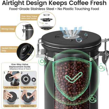 Veken Coffee Canister - Airtight Stainless Steel Container with Window - 22oz Black for Freshness